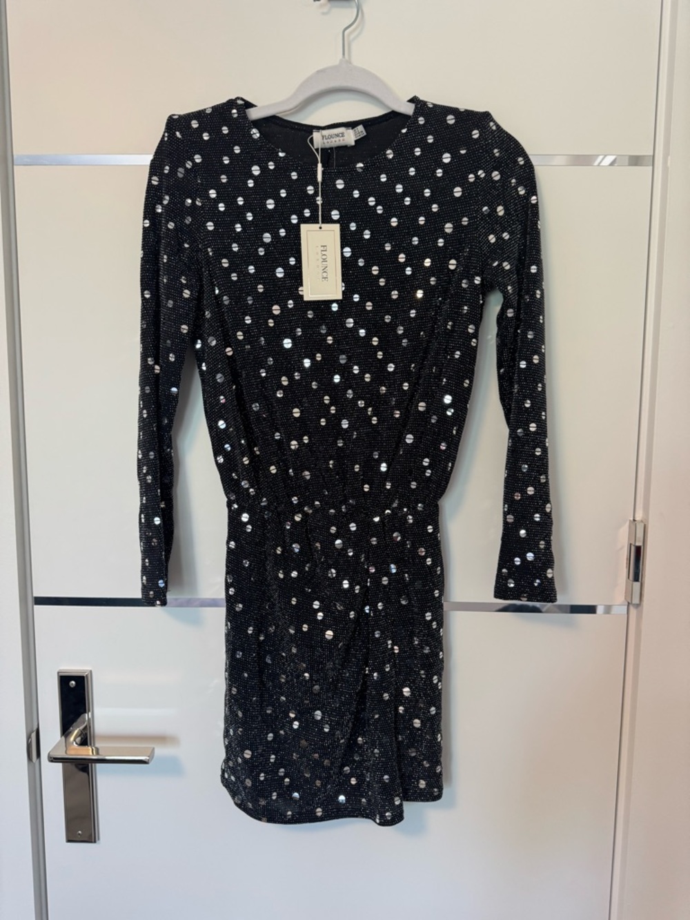 Pencey Black Dress with Silver Sequin Polka Dots - Long Sleeve